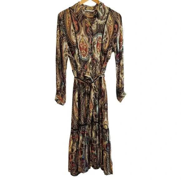 Zara Alabama Belted Midi Shirt Dress Women’s Medium Gold Paisley Lurex Button Up - Picture 8 of 13